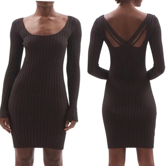 HELMUT LANG Strap Rib-Knit Bodycon Mini Dress Brown Long Sleeve Size M NEW - Picture 1 of 14